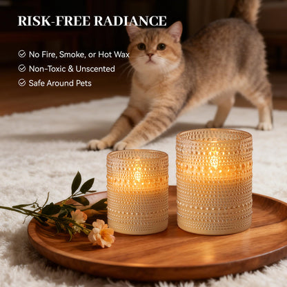 Velsyn Dotted Glass Flameless Candles with Remote Timer, Real Wax Battery Operated LED Pillar Candles with 3D Flickering Flame for Festival Wedding Home Party Decor, 3" x 4", 4" x 5", Set of 2 (Gold)