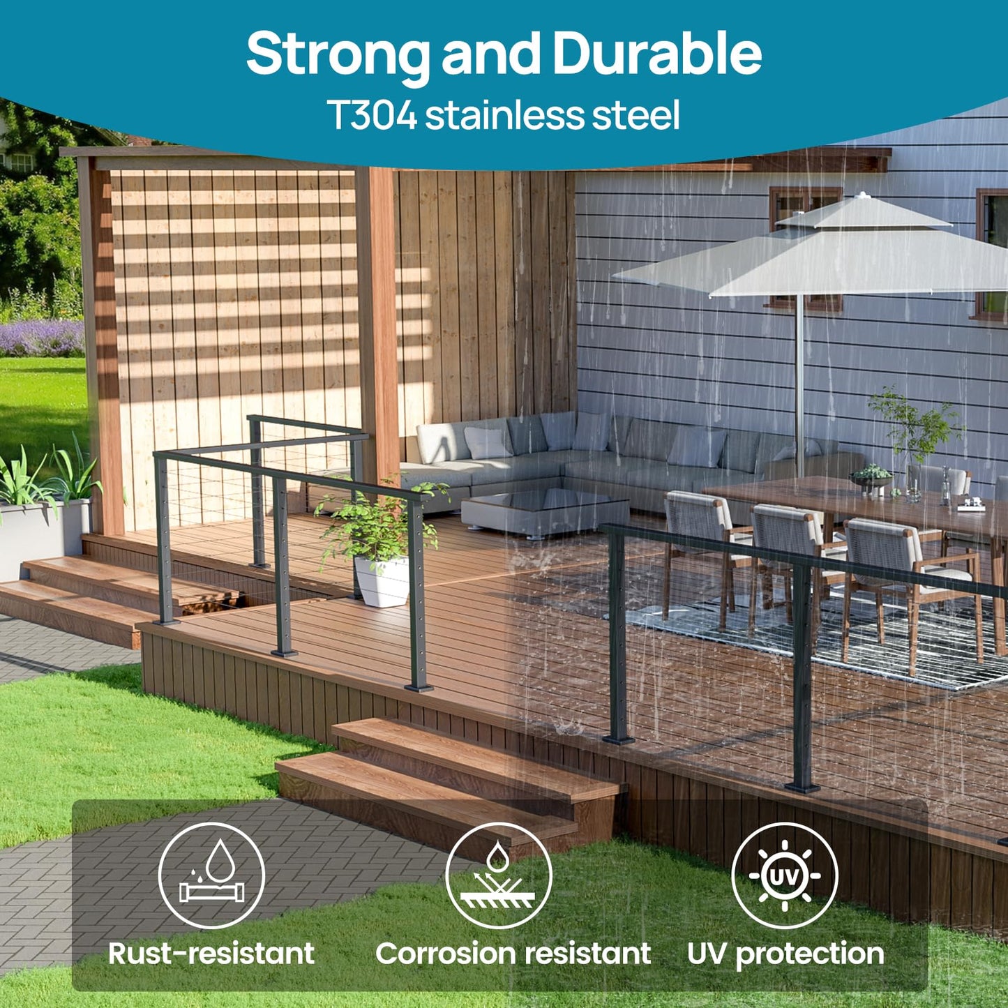 4 Pack Black Cable Railing Post 36 Inch Level Drilled Surface Mount Deck Post 36"x2"x2" T304 Stainless Steel Flat Top Square Cable Railing Kit for Indoor Outdoor HP01