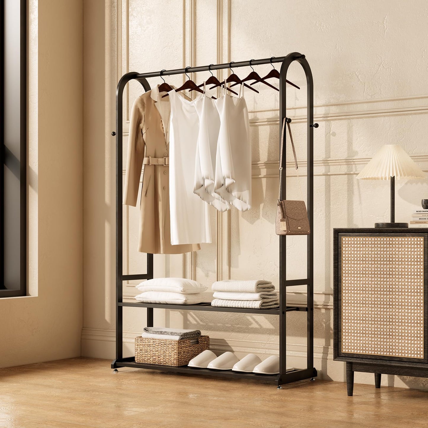 ZHBHYZ Sturdy metal clothes rack,Black freestanding clothing rack with bottom shelves and 6 side hooks,garment rack for hanging clothes,Modern wardrobe rack for Bedroom or cloakrooms