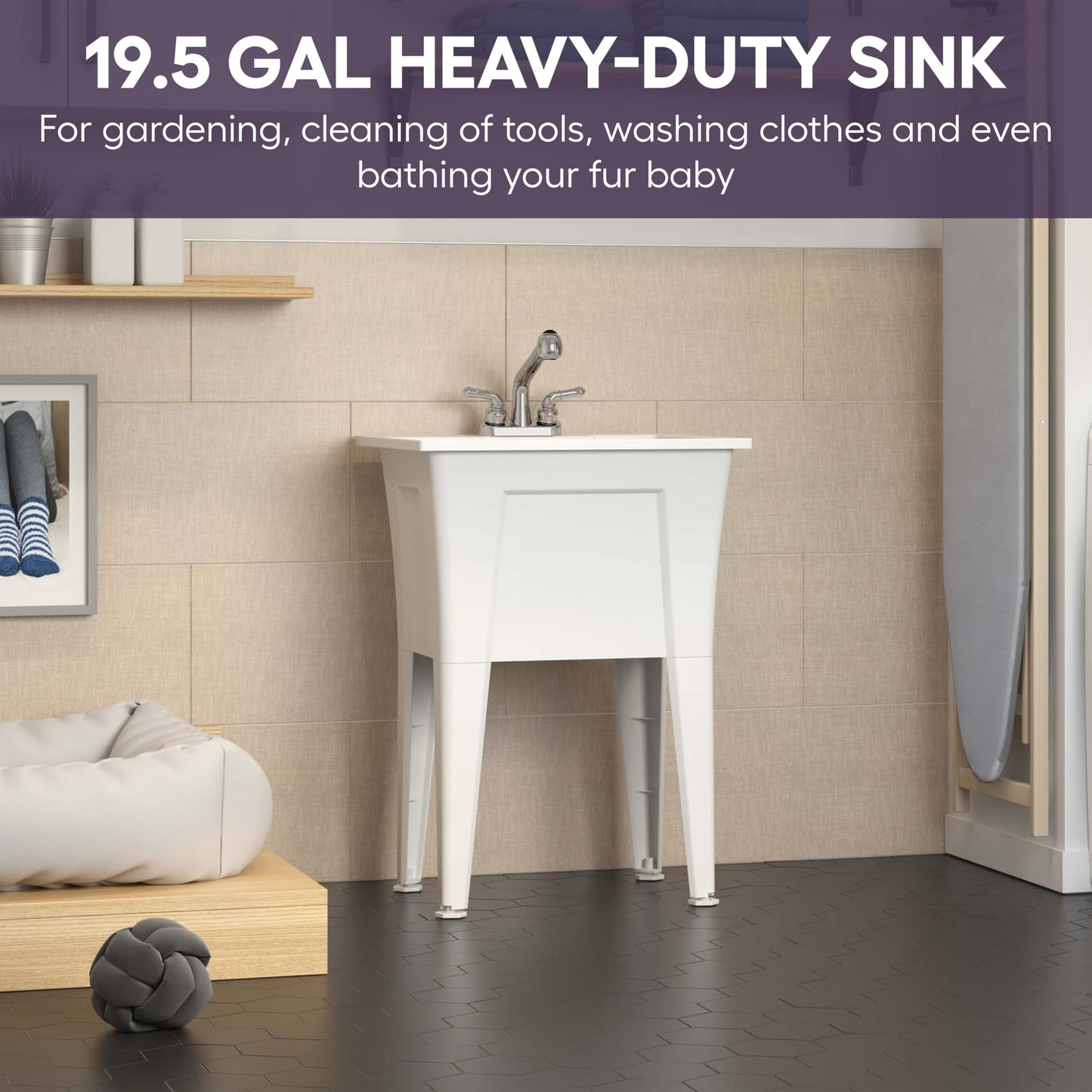 Freestanding Utility Sink with Stainless Steel Gooseneck Faucet - 24" Plastic Utility Sink for Garage, Laundry, Indoor and Oudoor Use - Laundry Tub Kit by Noah William Home - White (19.5 gal)