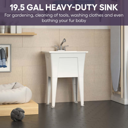 Freestanding Utility Sink with Stainless Steel Gooseneck Faucet - 24" Plastic Utility Sink for Garage, Laundry, Indoor and Oudoor Use - Laundry Tub Kit by Noah William Home - White (19.5 gal)