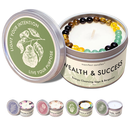 Manifest Sage & Bergamot Money Candle, 45 Hour Burn, Manifestation Bracelet, Protection Candle for Negative Energy, Abundance Candles, Intention Spiritual Candles for Positive Energy