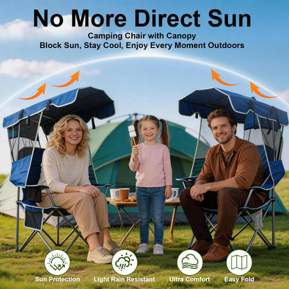 Romswi Folding Canopy Beach Camping Chairs for Adult 2 Pack, Portable Outdoor Chairs with Sunshade,Cup Holder & Side Pocket for Camping, Fishing, Beach, Backyard, Navy