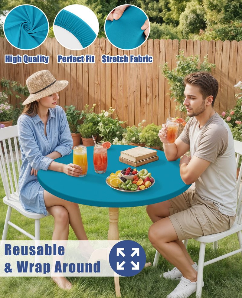 Moosfor Round Spandex Tablecloth, Elastic Fitted Waterproof Tablecloths for 31"-35" Tables, Stretch Washable Picnic Table Cover for Camping, Dining, Indoor and Outdoor, Turquoise