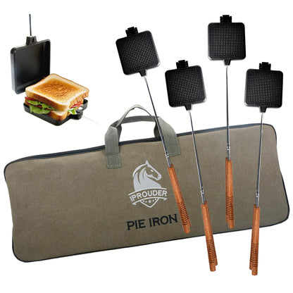 IPROUDER Campfire Pie Iron 4.9" Large Cast Iron Sandwich Maker for Camping 4 Pcs with Storage Bag - 22.6 inch Thickened Handles - Campfire Cooking Equipment for Grilling & Outdoor Cooking