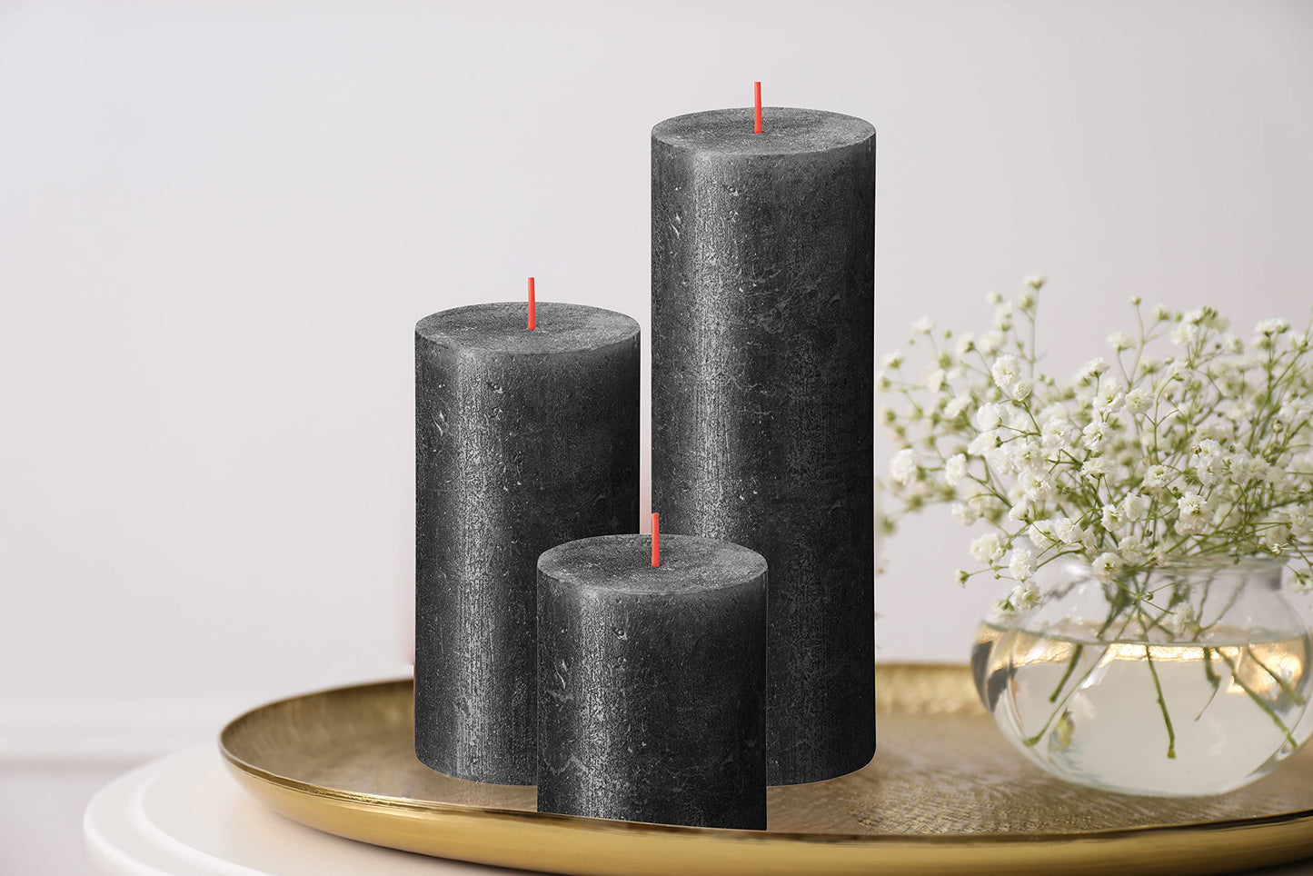 BOLSIUS Anthracite Black Shimmer Metallic Pillar Candles 4 Pack - 2.75 X 3.25 Inches - Premium European Quality - Includes Natural Plant-Based Wax - Unscented Smokeless 35-Hour Wedding Candles