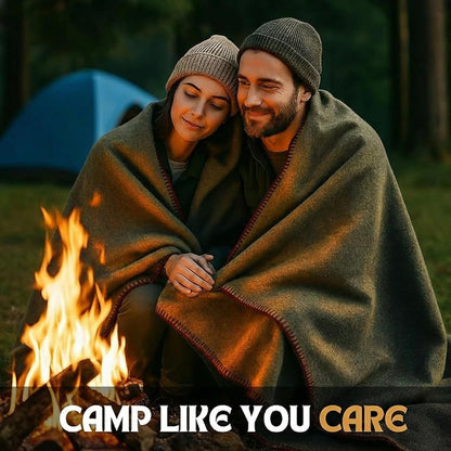 Wool Camping Blanket – 70% Wool Heavy-Duty Military Style Throw, Warm & Washable, Fire Retardant Cover for Emergency, Survival & Outdoor Use – Perfect for Camping, Car, Home & Hiking, Olive 62x84