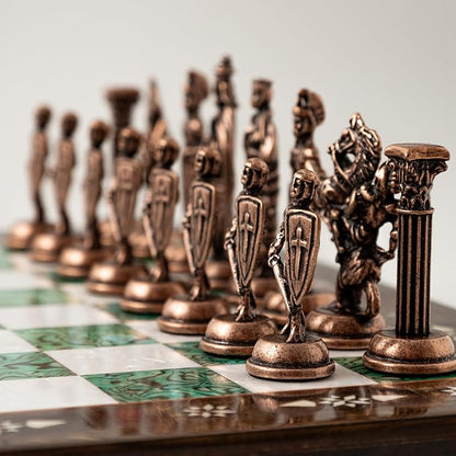15'' Wooden Chess Set with Metal Chess Pieces – Handmade Storage Chess Board &amp British Metal Pieces – Elegant Chess Gift for All Ages – Gift for Him (Green)