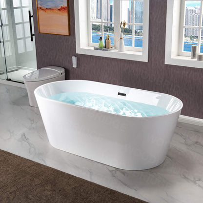 WOODBRIDGE 67" Freestanding Acylic Soaking Bathtub with White, Drain and Overflow inMatte, BTA1513-MB-Drain &O+ Pillow, Matte Black