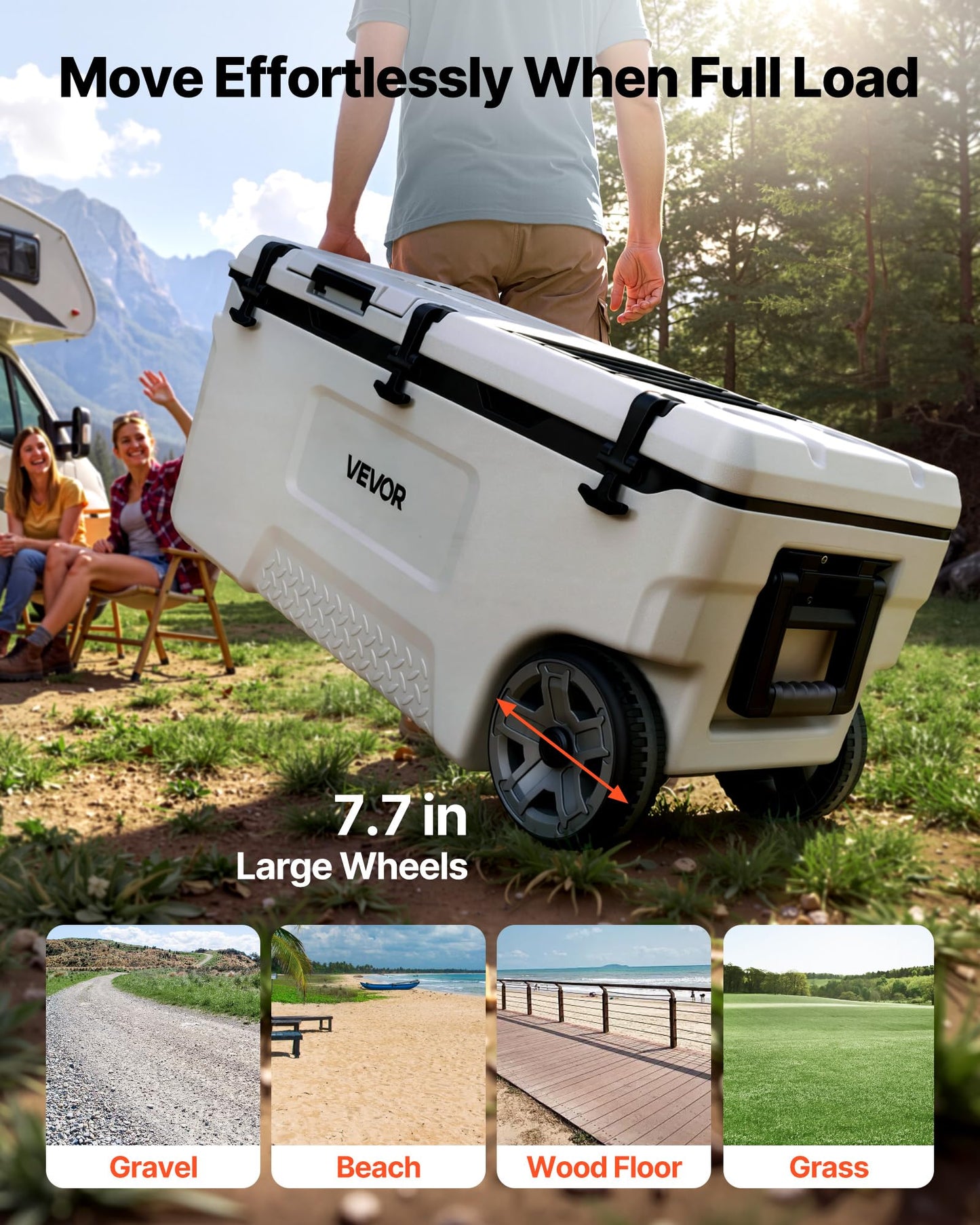 VEVOR Hard Cooler, 106QT Portable Rolling Cooler with Wheels, Leak-Resistant Coolbox Keeps Contents Cool for 48 Hours, Ice Retention Insulated Chests, Ultra-Light for Outdoor Picnics, Grill, Camping