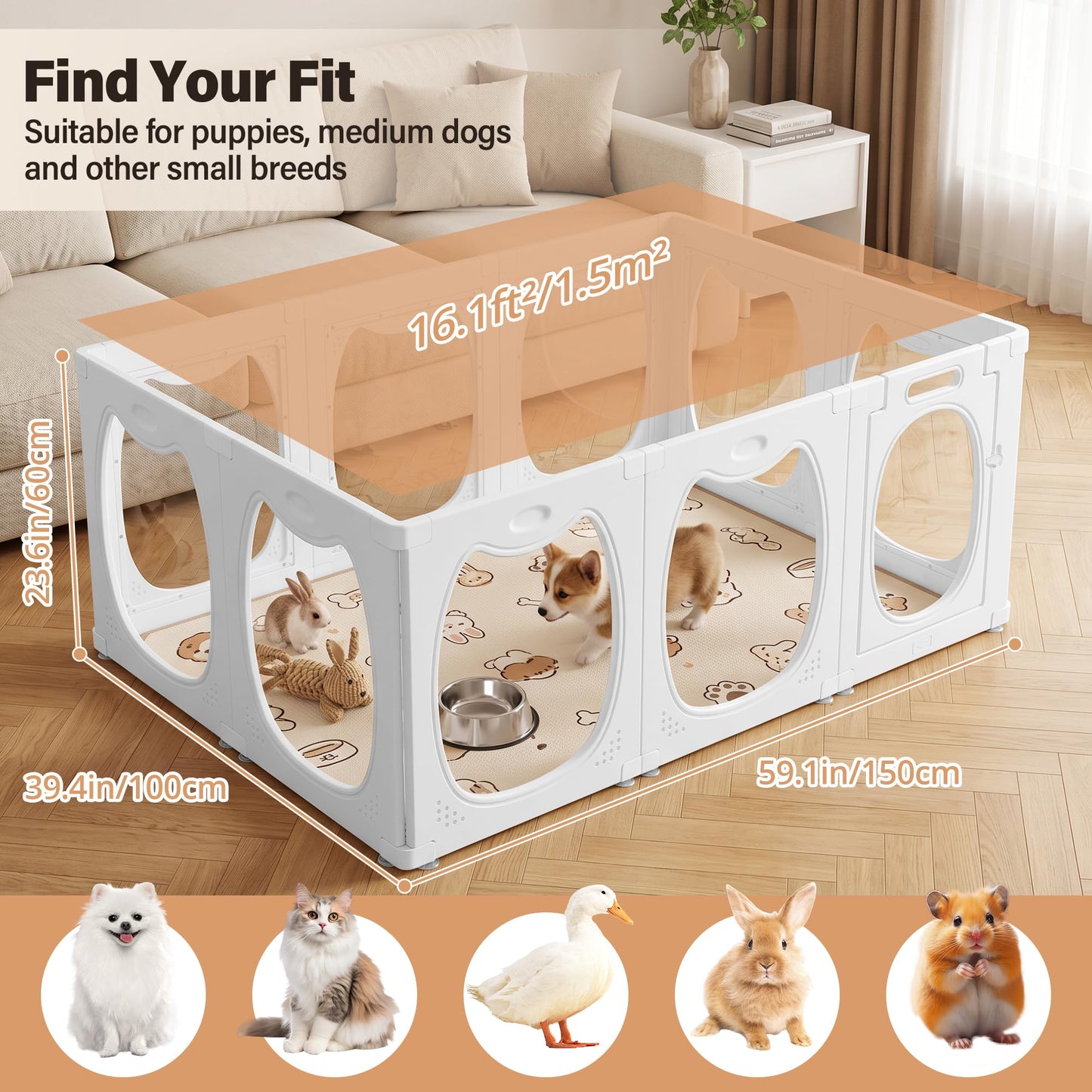 Homgava Clear PET Dog Playpen Indoor, 10-Panel Heavy-Duty Transparent Puppy Playpen, Modular Pet Fence Enclosure for Small Medium Dogs, Easy to Assemble (White,24 Inch H, 10 Panels)