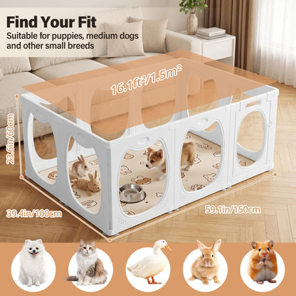 Homgava Clear PET Dog Playpen Indoor, 10-Panel Heavy-Duty Transparent Puppy Playpen, Modular Pet Fence Enclosure for Small Medium Dogs, Easy to Assemble (White,24 Inch H, 10 Panels)