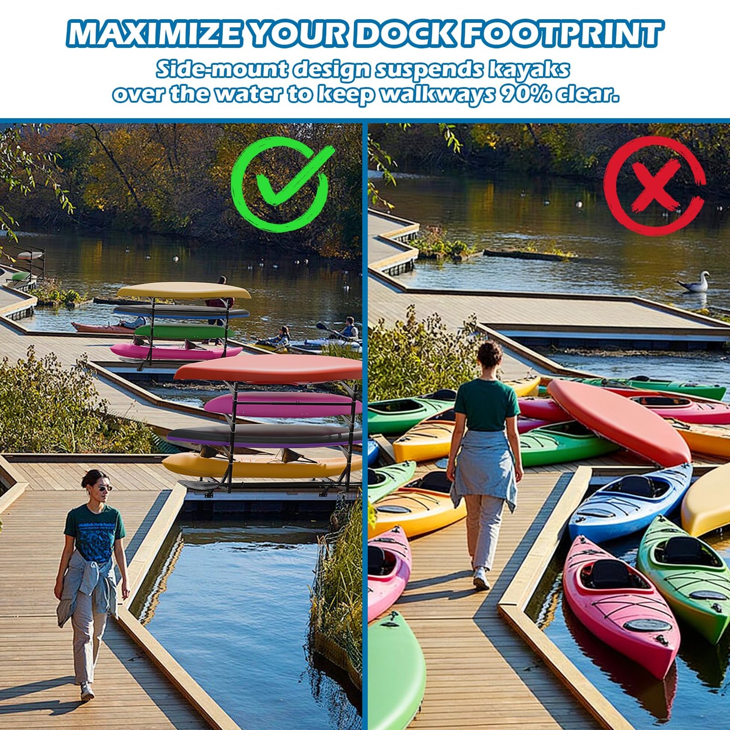 LAJIAOZ Heavy-Duty Kayak Dock Storage Rack, 4-Tier Over-The-Water Mount Kayak Stand for Dock & Pier, Rust-Proof, Holds 4 Kayaks Up to 400 LBS, Space-Saving Waterside Storage