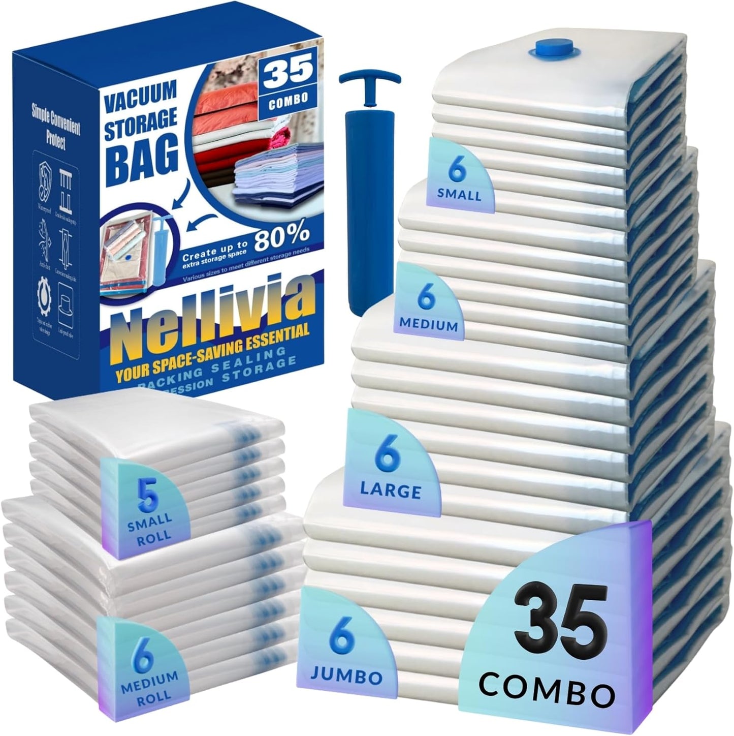 Skiennix Vacuum Storage Bags - 35 Pack Compression Space Saver for Bedding & Clothing - Includes Hand Pump