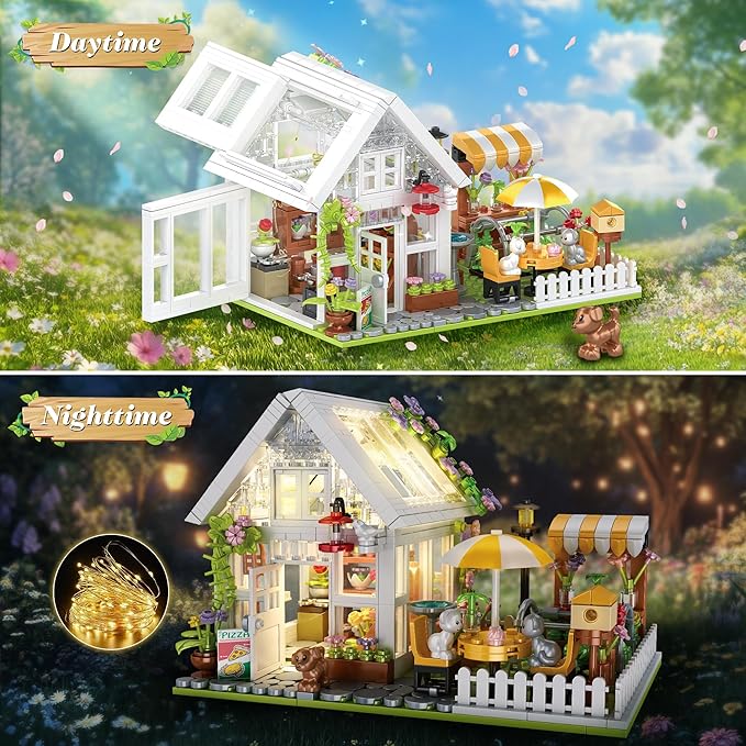 Flower House Building Set Greenhouse Building Block Set with LED Lights DIY Greenhouse KIt-Ideal Gifts for Kids and Adults-Plant and Animal Lovers 1188PCS