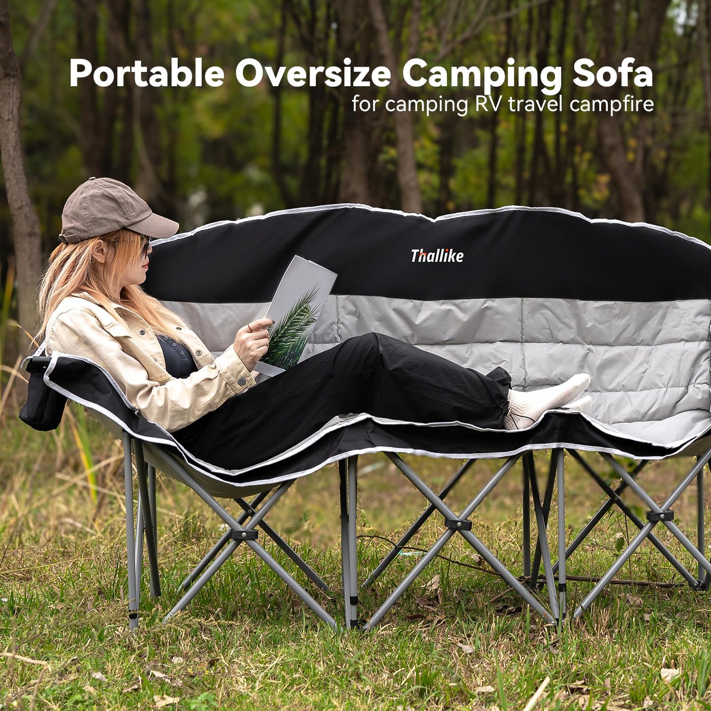 Thallike 3 Person Outdoor Camping Chair & Warm Oversized Camping Blanket with Hood