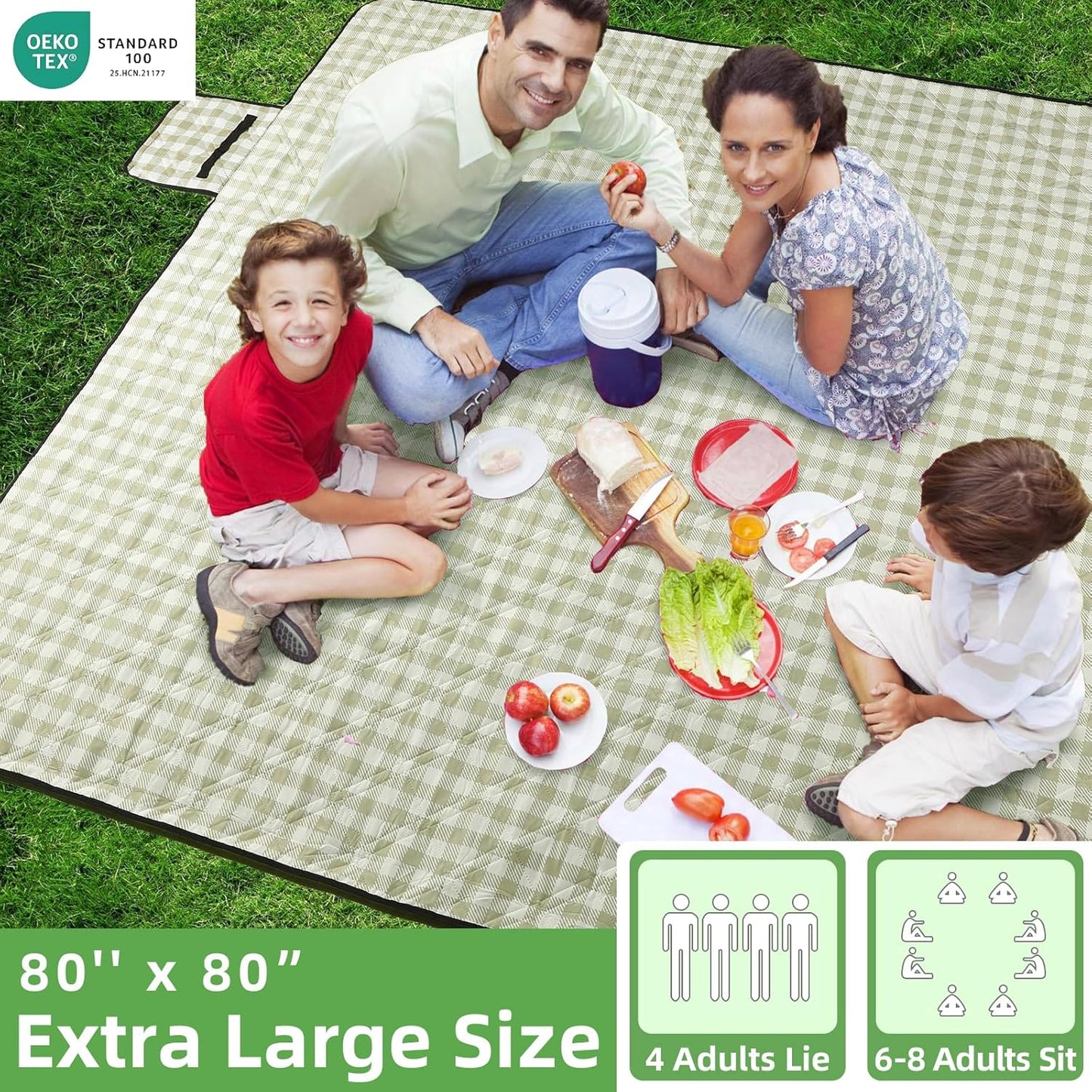 ZAZE Extra Large Waterproof Picnic Blanket - 80''x80'' Gingham Mat for Beach & Camping | Green & White