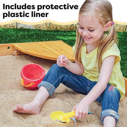 KidKraft Wooden Backyard Sandbox with Built-in Corner Seating and Mesh Cover, Kid's Outdoor Furniture, Honey, Gift for Ages 2-8