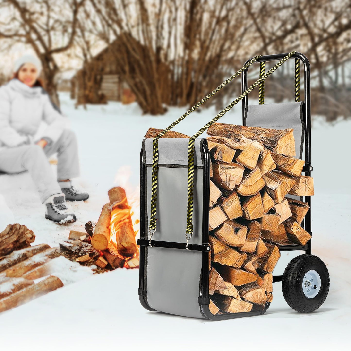 VIVOHOME Large Firewood Cart with Rubber Wheels and 600D Oxford Cloth, 250 LB Capacity Heavy Duty Steel Log Carrier Dolly Hauler, Rolling Wood Rack Storage Mover for Easy Transport Indoor Outdoor Use