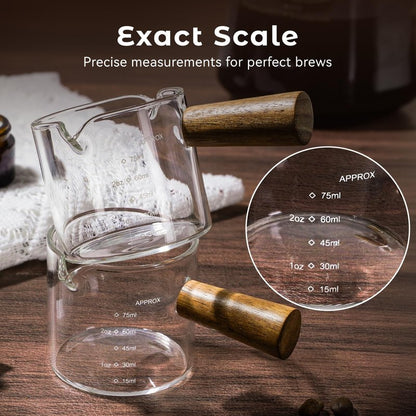 QWACVRTM 2 Pack Espresso Shot Cups Measuring cups, Wooden Handle V-Shaped Double Spout Espresso Shot Glass, Coffee Bar Essentials, coffee accessories