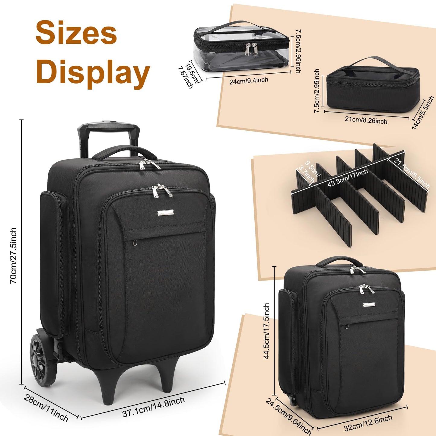 Relavel Rolling Makeup Case with Makeup Brush Case, Large Make Up Travel Organizer with 2 big Wheels, Professional Lockable Makeup Artist Backpack with Adjustable Dividers for Daily Use, Trip - Black
