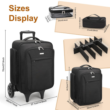 Relavel Rolling Makeup Case with Makeup Brush Case, Large Make Up Travel Organizer with 2 big Wheels, Professional Lockable Makeup Artist Backpack with Adjustable Dividers for Daily Use, Trip - Black