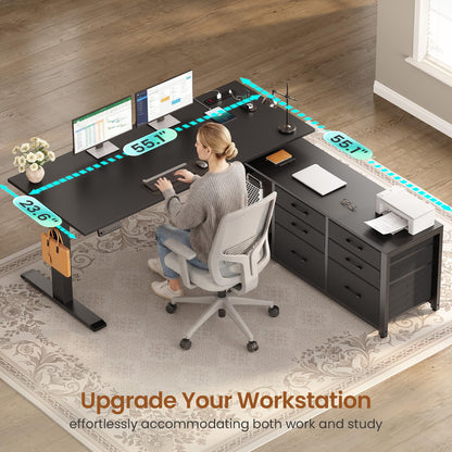 SEDETA L Shaped Electric Standing Desk, 55" x 55" Height Adjustable Office Executive Desk with 6 Fabric Drawers and Storage Shelves, Sit Stand Computer Desk with Power Outlet for Home Office (Black)