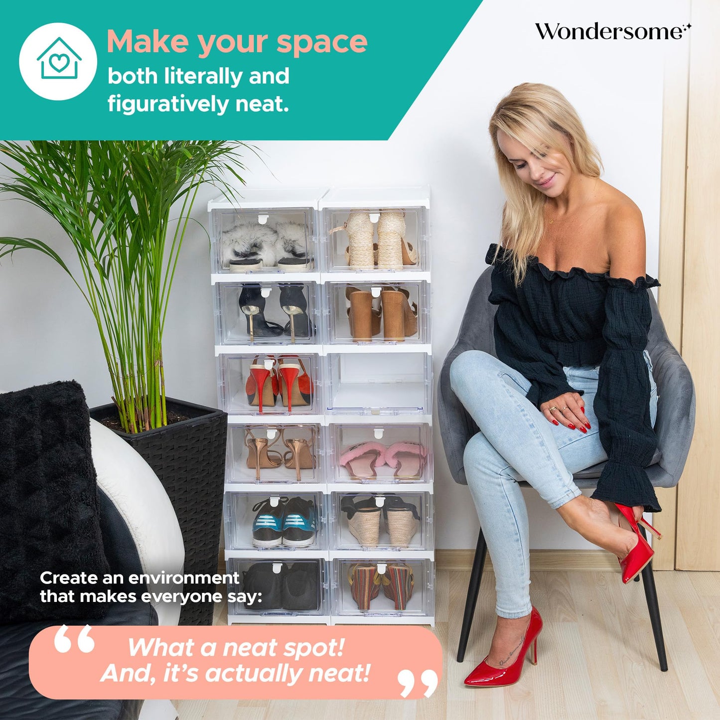 Wondersome Collapsible Shoe Rack Organizer - 24-Compartment Clear Door Storage Containers - Sturdy, Foldable Shoes, Boots, Sneaker Display Cabinet - Stackable Cube Shelf Organization - US-Based Brand