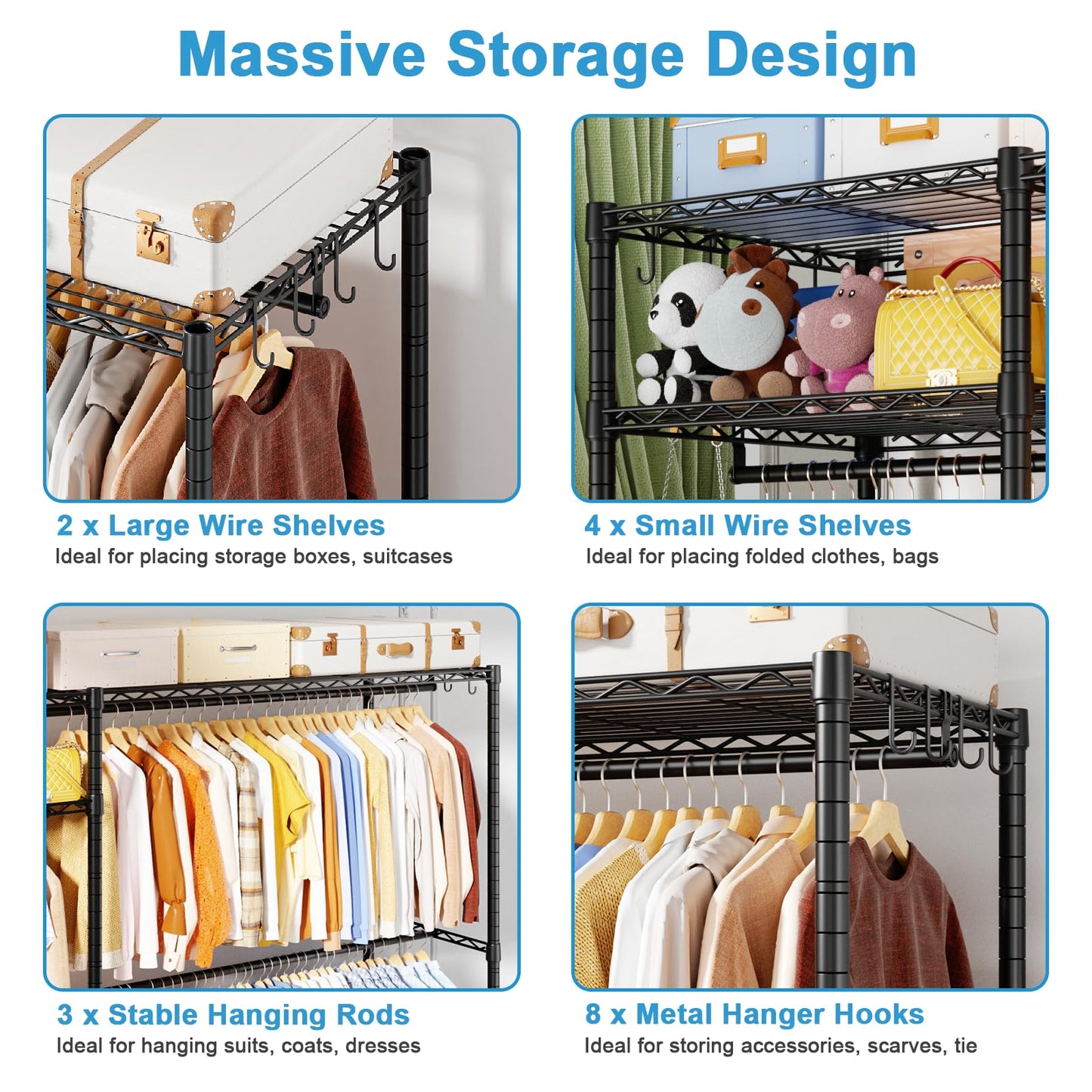 Ulif F7 Plus Garment Rack, Heavy Duty Clothes Rack, Clothing Racks for Hanging Clothes, 6-Tiers Freestanding Portable Closet Storage Rack 68'' W × 14.6'' D × 76.6'' H, Max Load 850 Lbs, Black