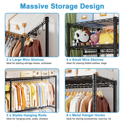 Ulif F7 Plus Garment Rack, Heavy Duty Clothes Rack, Clothing Racks for Hanging Clothes, 6-Tiers Freestanding Portable Closet Storage Rack 68'' W × 14.6'' D × 76.6'' H, Max Load 850 Lbs, Black