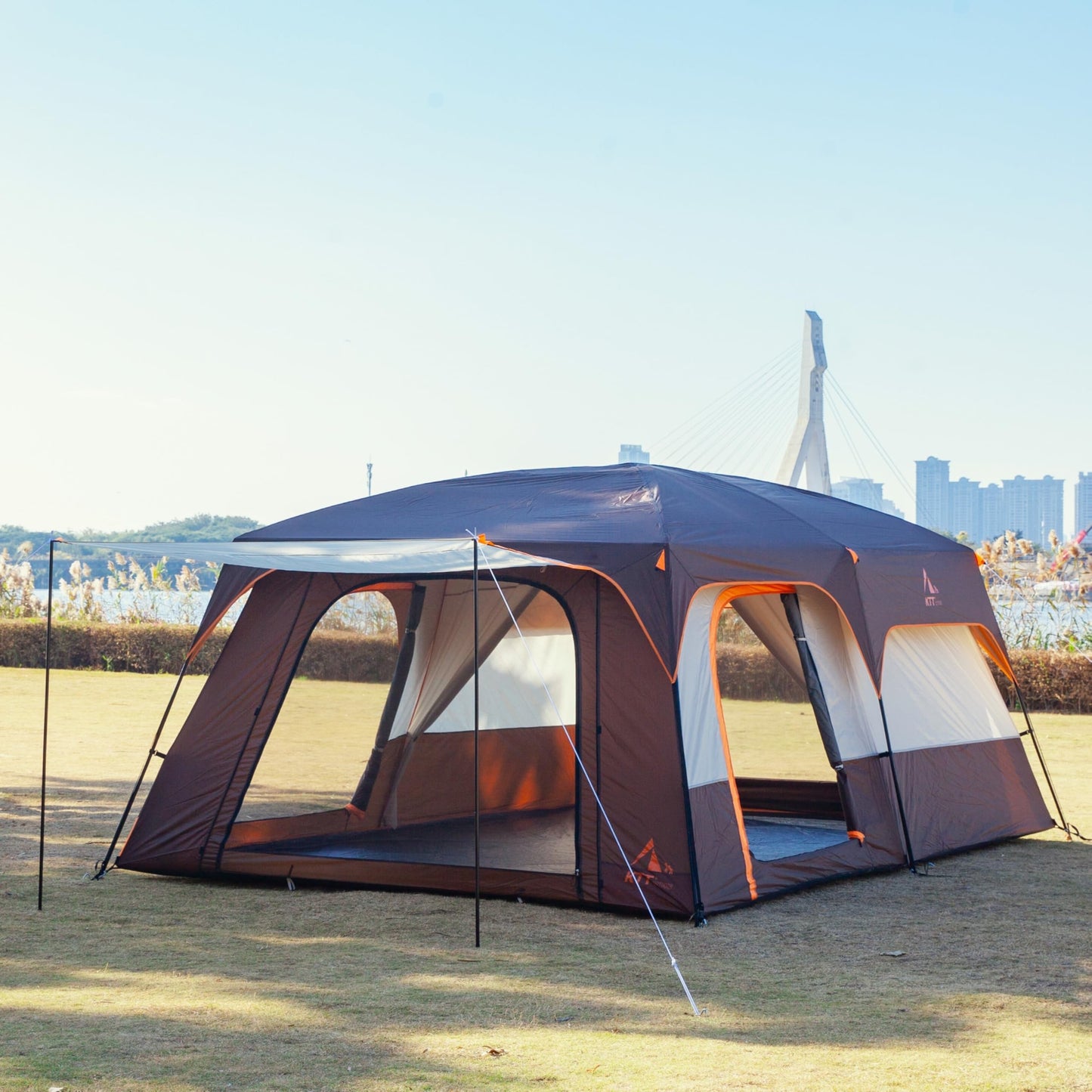 KTT Extra Large Tent 14 Person,Family Cabin Tents,2 Rooms,3 Doors and 3 Windows with Mesh,Straight Wall,Waterproof,Double Layer,Big Tent for Outdoor,Picnic,Camping,Family Gathering(Brown)