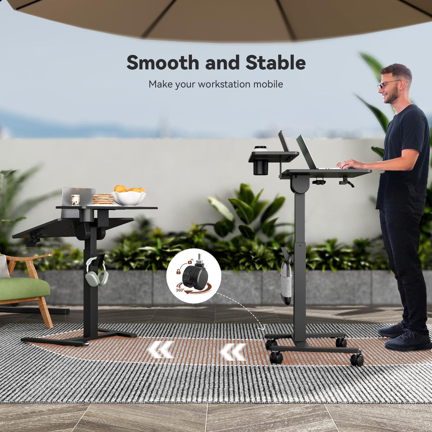 Liftsync 28Inch Rolling Standing Desk On Wheels， Small Computer Workstation Adjustable Height， Mobile Laptop Stand with Tiltable Desktop， 2-Tier Portable Study Table with Storage Shelves， Black