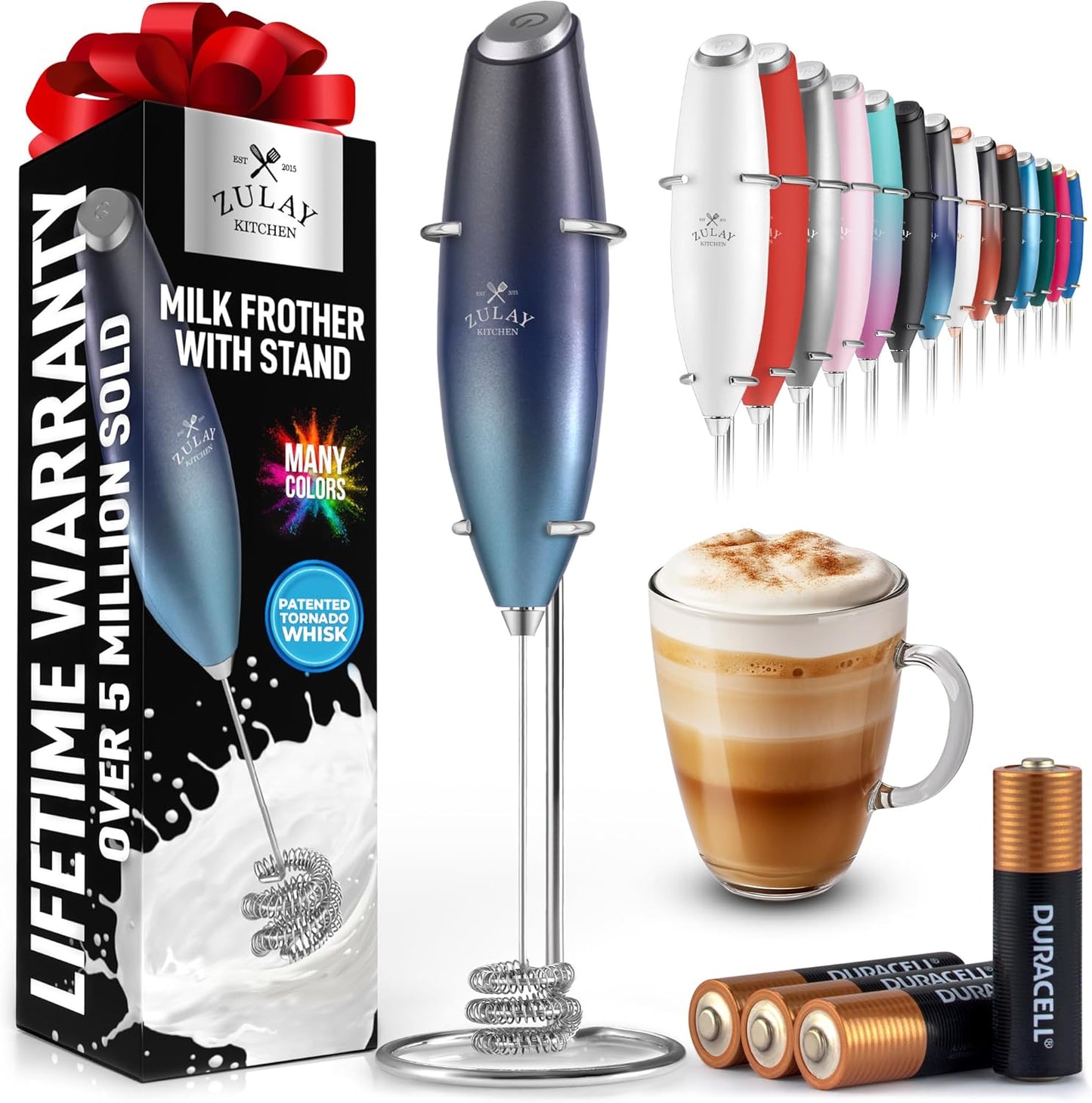 Zulay Kitchen Tornado Triple Whisk Milk Frother - Handheld Foam Maker for Coffee & Lattes | Includes 4 Duracell Batteries - Sea Depth