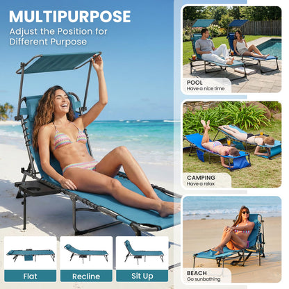 FUNDANGO Heavy Duty Tanning Chair with Face Hole & Canopy, 400lbs Beach Lounge Chair with Side Table, 5-Position Sun Lounger for Outdoor Patio Pool-Face Down Chaise with Anti-Pinch Safety Lock,Cyan
