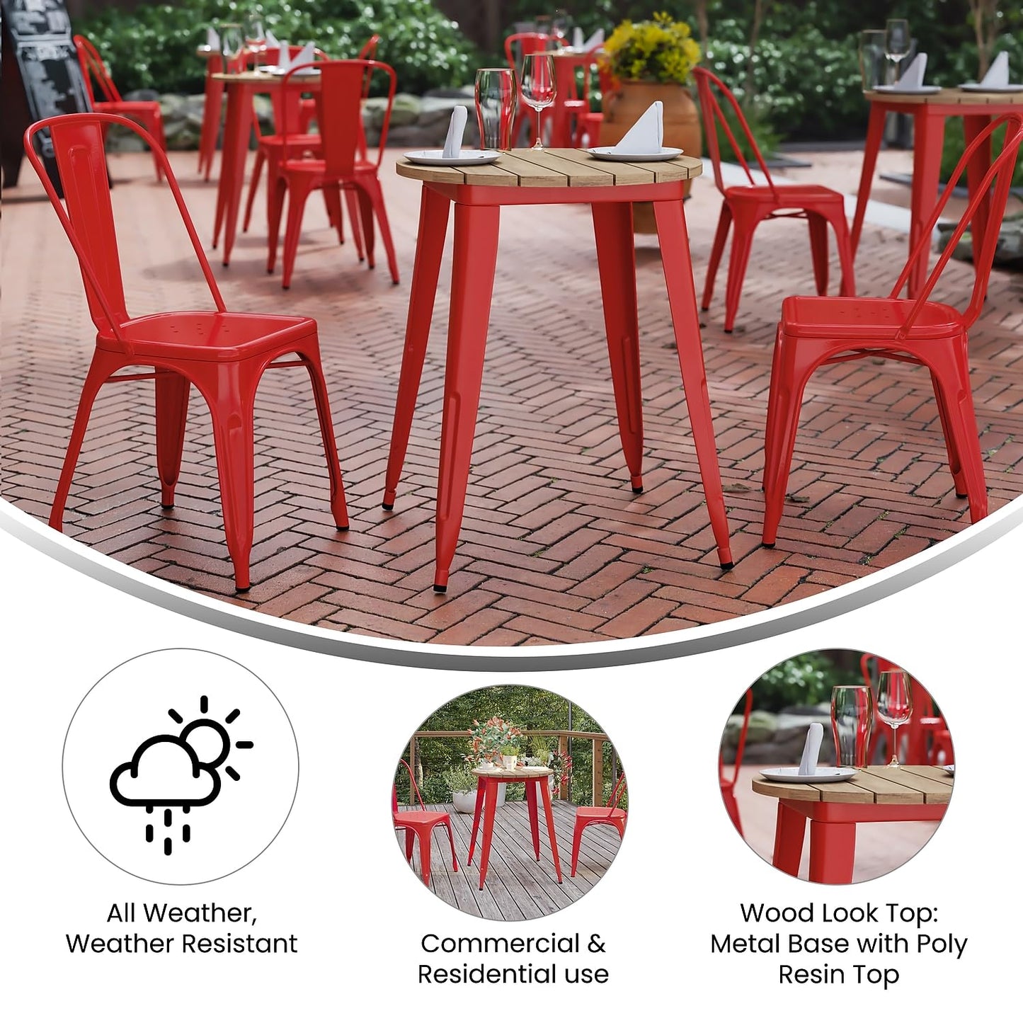 Flash Furniture Declan Commercial Outdoor Dining Table, All Weather Poly Resin Top with Steel Base, 23.75" Round, Brown/Red