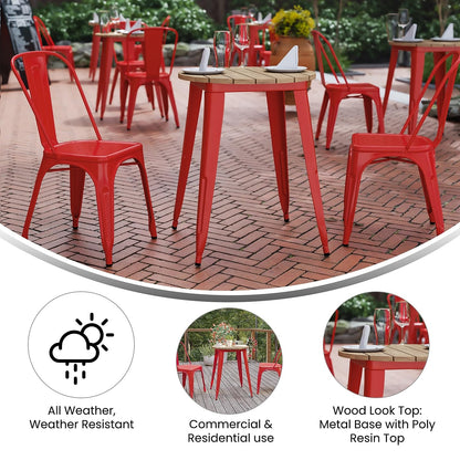 Flash Furniture Declan Commercial Outdoor Dining Table, All Weather Poly Resin Top with Steel Base, 23.75" Round, Brown/Red