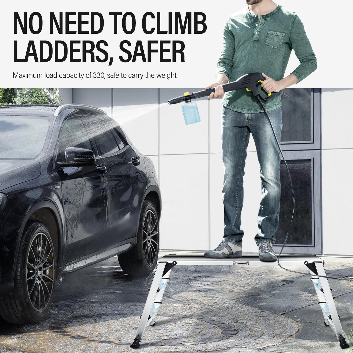 Work Platform, Folding Work Platform with Non-Slip, Aluminum Work Platform, Heavy Duty Step Ladder with Safety Lock, 45"×12"×27" Step Stool Foldable for Washing Vehicles Cleaning Painting