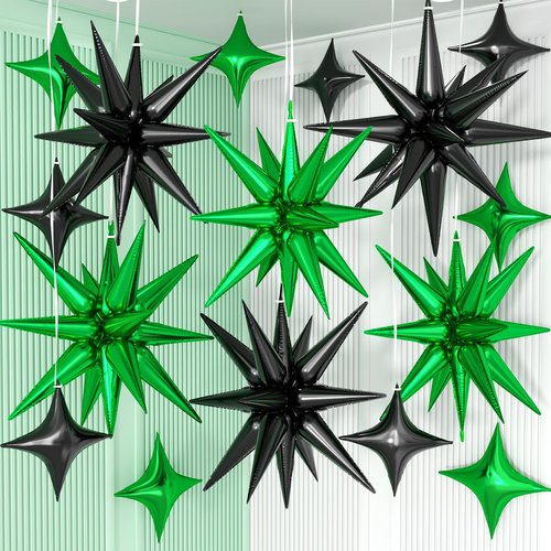 Black Green Star Balloon,6Pcs 22Inch Explosion Star Balloons and 10Pcs 10Inch Four Angle Balloons Kit for Birthday Halloween Anniversary Baby Shower Wedding Party Decorations