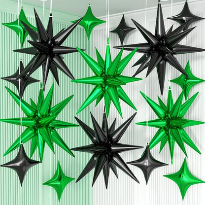 Black Green Star Balloon,6Pcs 22Inch Explosion Star Balloons and 10Pcs 10Inch Four Angle Balloons Kit for Birthday Halloween Anniversary Baby Shower Wedding Party Decorations