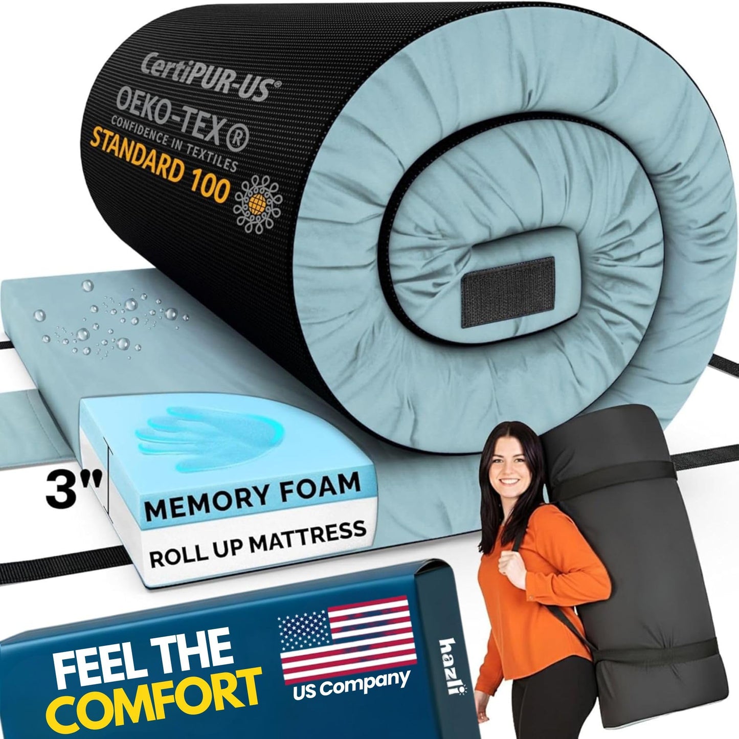 Hazli 3’’ Matrix Comfort-Cell Memory Foam Camping Mattress Pad - Roll Up Mattress for Adults - Portable Cot Sleeping Pad for Camping - Floor Mat or Bed Roll for Car, SUV - Twin 75’’ X 36’’