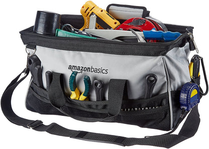 Amazon Basics Durable Wear-Resistant Tool Storage Bag with Adjustable Shoulder Strap,Portable Tool Organizer,16 in,Black & Grey,(Pack of 8)