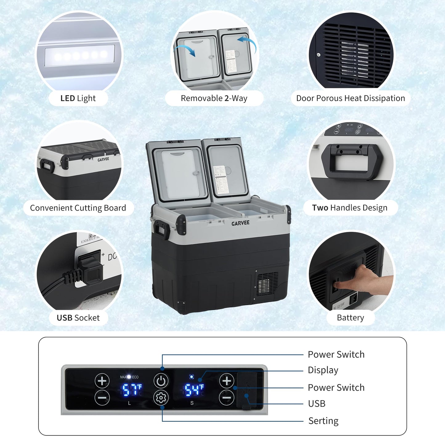 Garvee 53QT Dual Zone Car Refrigerator & Portable Freezer, Compressor Cooler with App Control, -4°F to 68°F Adjustable Temperature for Camping, RV, Truck, Home Use
