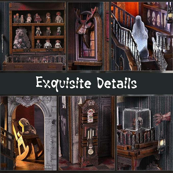 Book Nook Kit with LED Light DIY Miniature Dollhouse Booknook Kit Creepy Scary 3D Wooden Puzzle Bookshelf Insert Decor for Stress Relief Craft for Book Lovers &amp Adult (Haunting Relics)