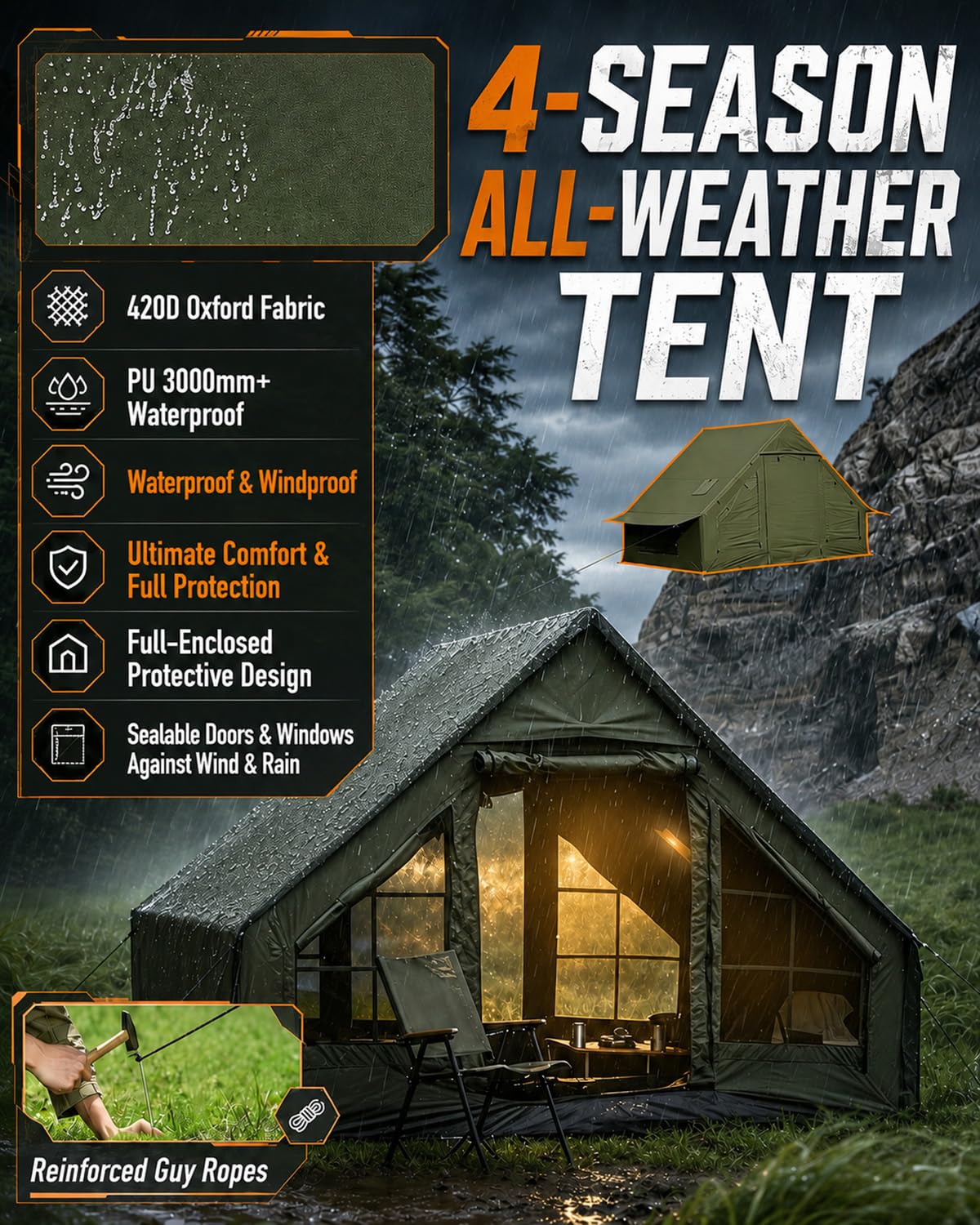 Inflatable Tent with Skylight, Fast Setup Blow Up Air Camping Tents with Pump, Hot Tent with Stove Jack, Waterproof 420D Oxford Inflate House for 4-8 Person, Glamping Cabin for Outdoor 4 Seasons