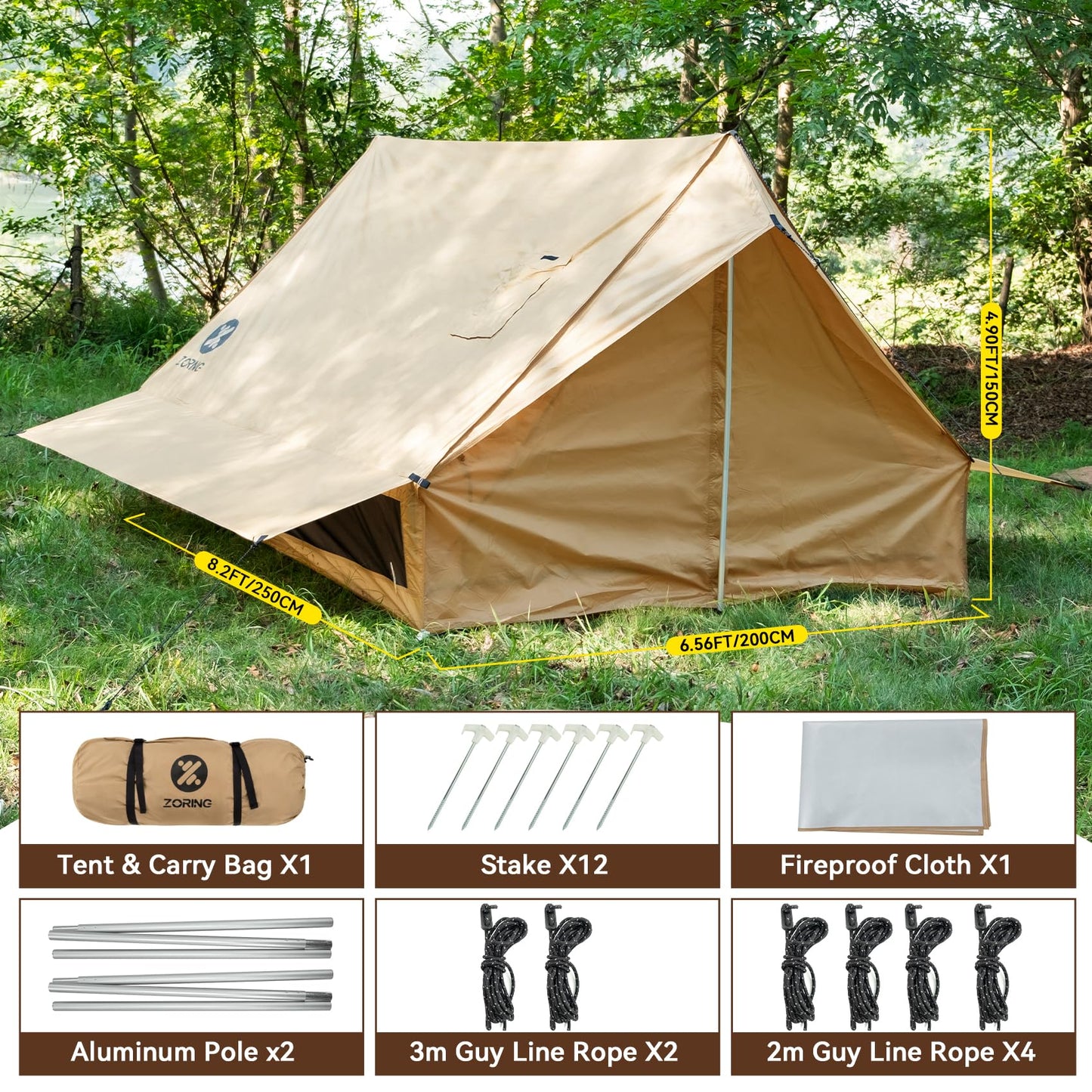 Zoring Hot Tent with Stove Jack - Waterproof & Windproof Cabin Winter Tent for Camping, 4 Season Tipi Wall Shelter with Two Poles, 2 Person Cold Weather Tent for Outdoor Hiking, Backpacking, Hunting