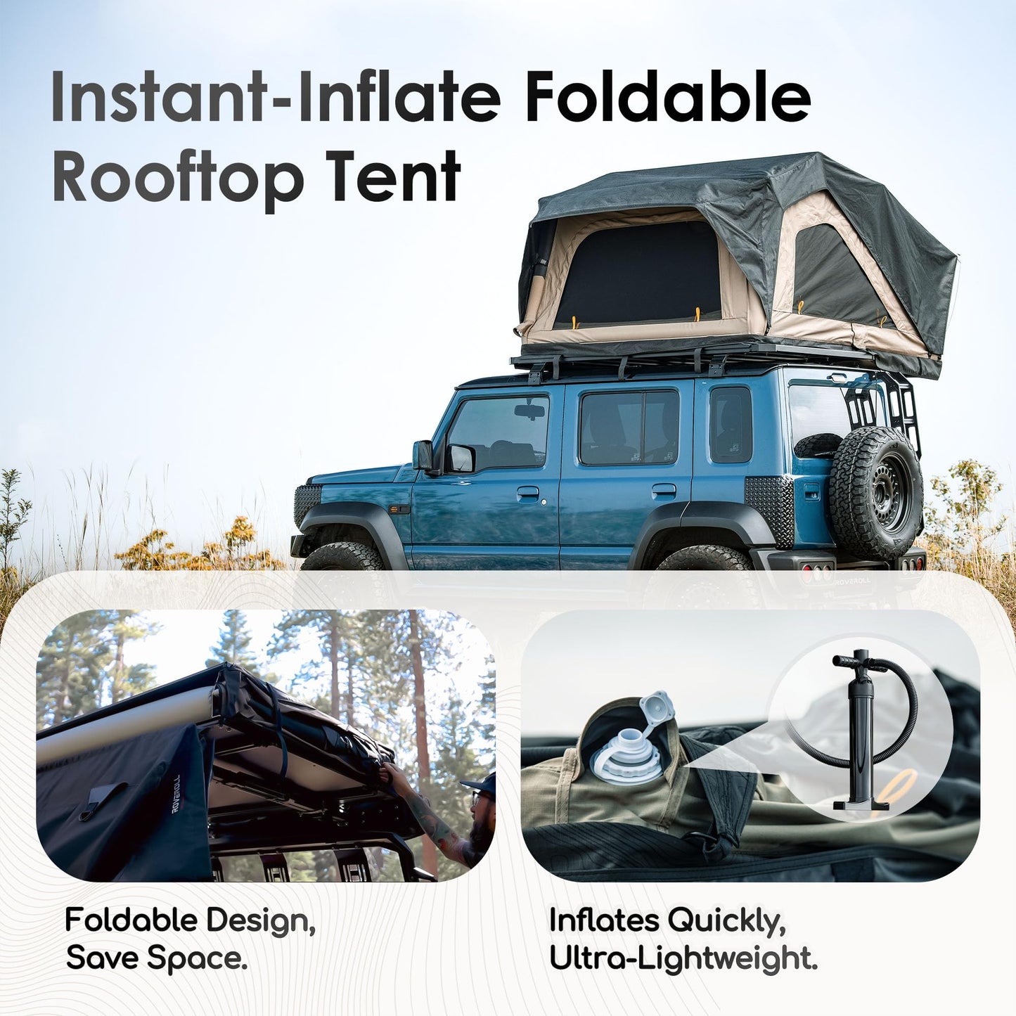 Inflate Rooftop Tent, Soft Shell Roof Top Tent for 2-3 Person, with Aluminum Telescopic Ladder, LED Strip Light, Skyview Window, Memory Mattress, for Car, Truck, Jeep, SUV, Van