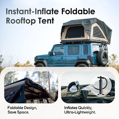 Inflate Rooftop Tent, Soft Shell Roof Top Tent for 2-3 Person, with Aluminum Telescopic Ladder, LED Strip Light, Skyview Window, Memory Mattress, for Car, Truck, Jeep, SUV, Van