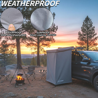 DANCHEL OUTDOOR Car Side Shower Awning with Roof, 3.3x3.3ft Portable Roof Rack Vehicle Shower Privacy Tent Shelter Enclosure Overland Camping Changing Room Bathroom w/LED Light, Gray
