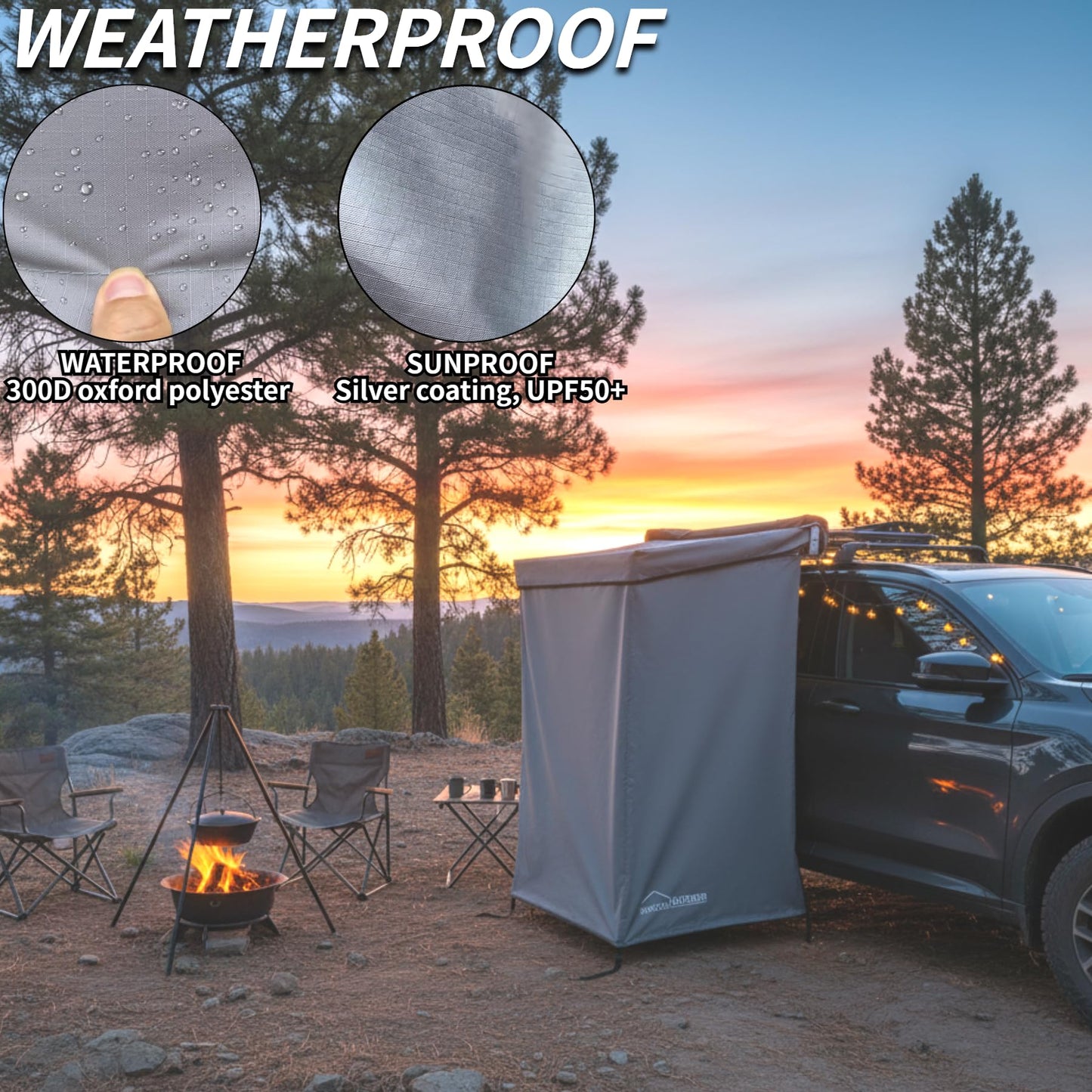 DANCHEL OUTDOOR Car Side Shower Awning with Roof, 3.3x3.3ft Portable Roof Rack Vehicle Shower Privacy Tent Shelter Enclosure Overland Camping Changing Room Bathroom w/LED Light, Gray