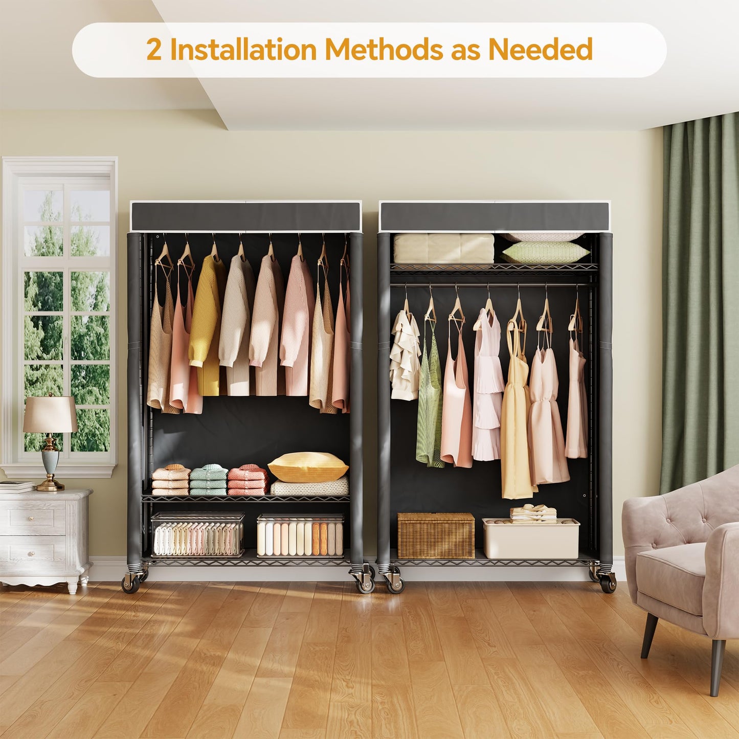 Higeego H4 Clothing Rack with Cover, Rolling Heavy Duty Clothes Rack, Garment Rack on Wheels, Portable Closet for Hanging Clothes, Black Clost Rack with Black Fabric Cover, Max Load 380LBS